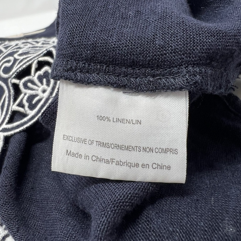 Tory Burch 100% Linen Women's Large Eyelet Trim Blouse Navy Blue Short Sleeve - Picture 8 of 10